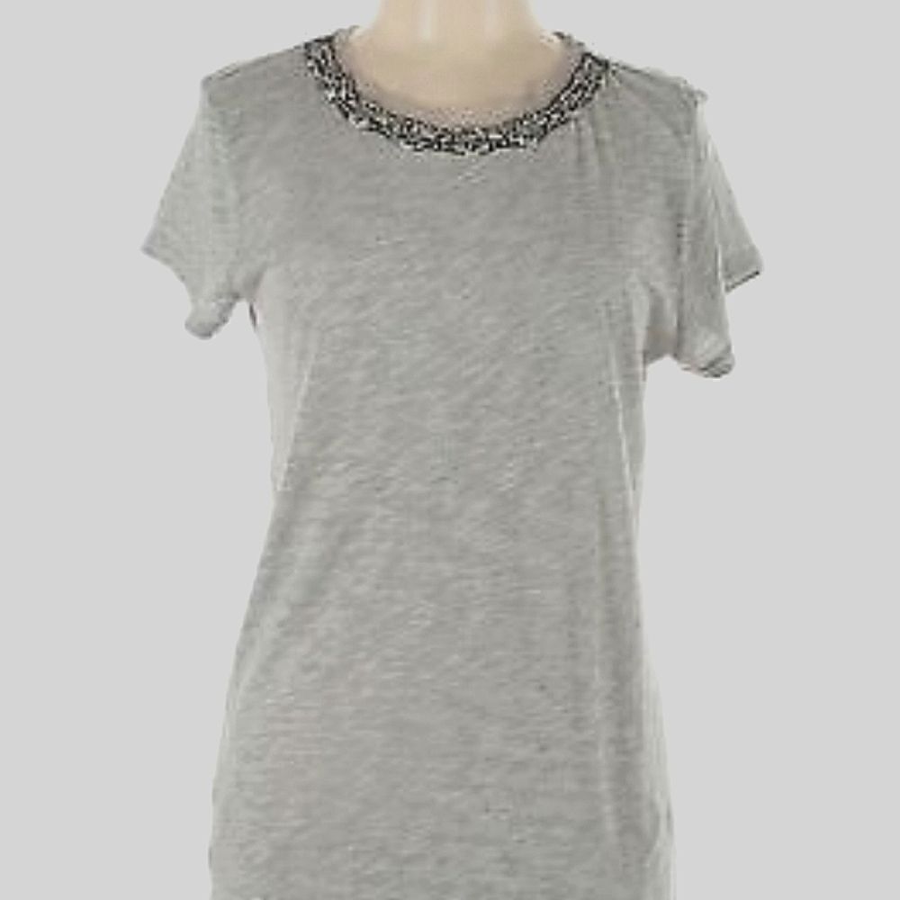 Loft Ann Taylor Gray Beaded Roundneck  Short Sleeve Pullover Top